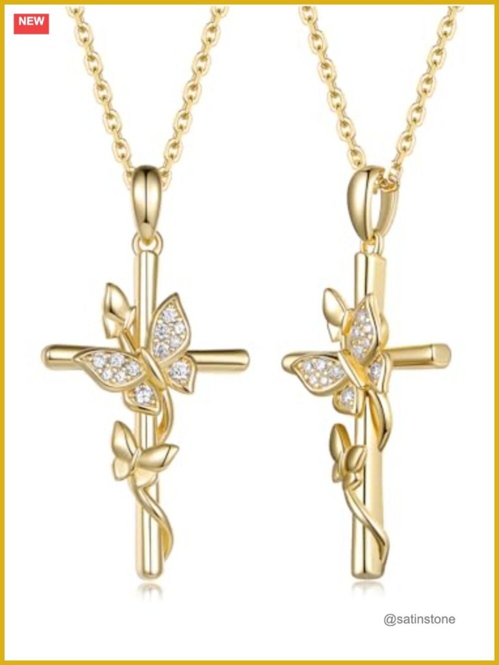 Moissanite Butterfly Cross Pendant Necklace 925 Sterling Silver 18K Yellow Gold